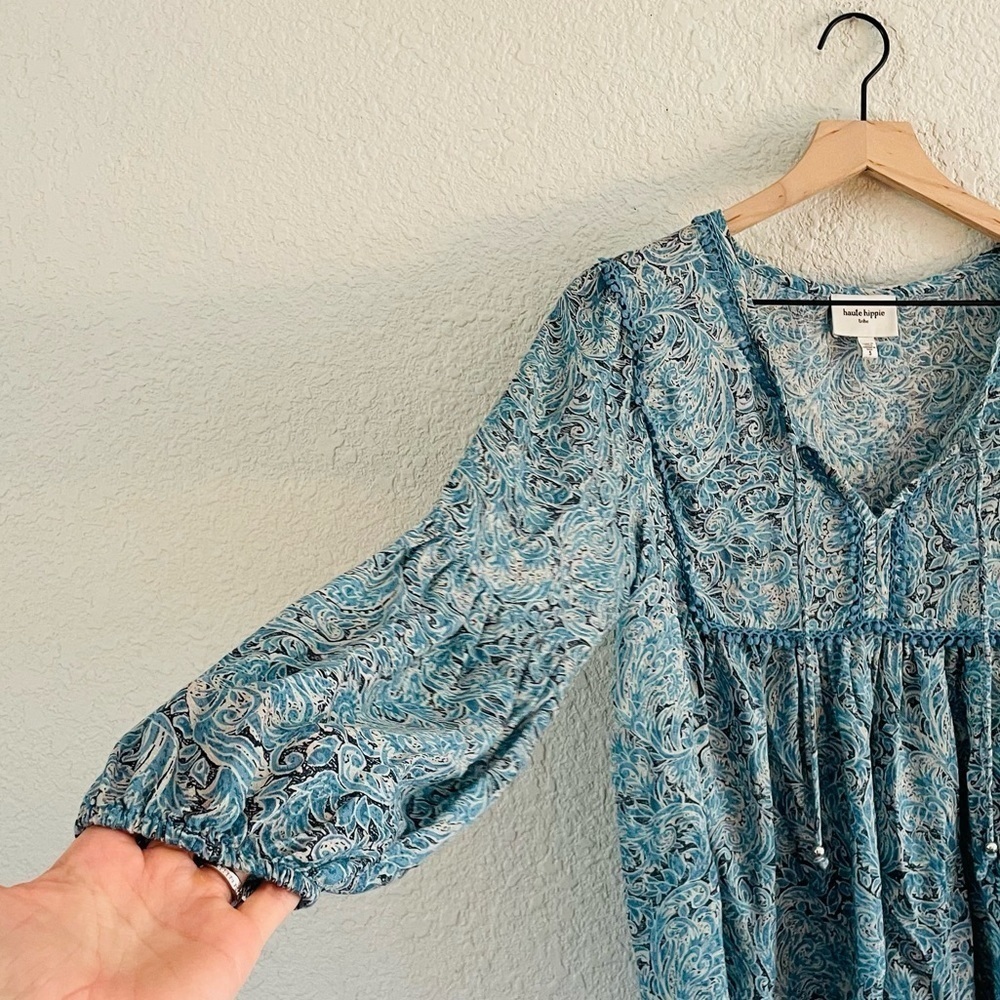 Haute Hippie Tribe Blue Tassel  Long Sleeve Peasant Blouse - Picture 4 of 14